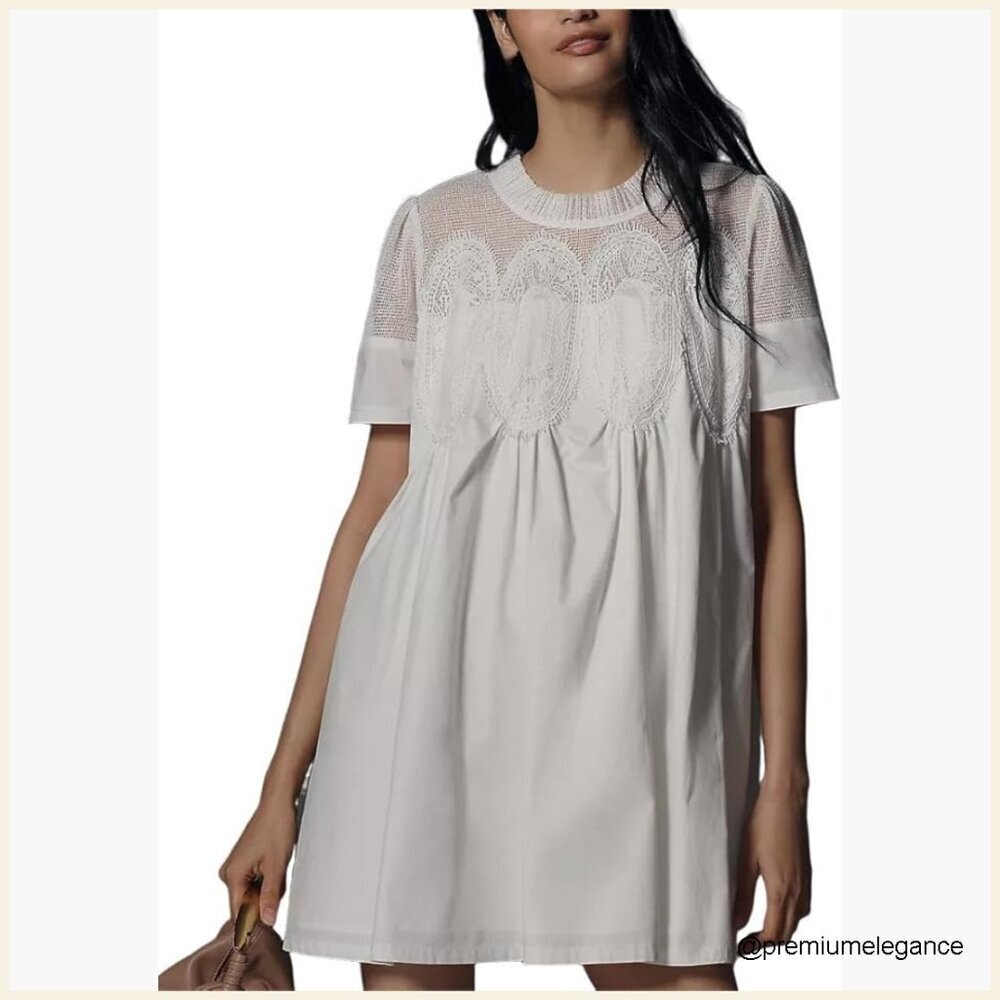 Crochet Lace Mini Dress Sheer Mesh Short Sleeve A-Line Casual Boho